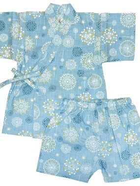 Children's Light Blue Floral Wrap-Style Jinbei Set